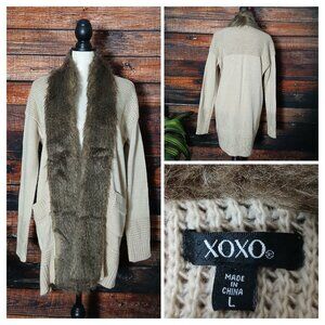 XOXO Cardigan Sweater Large Open Long Faux Fur Trim Boho Tan Brown Pockets